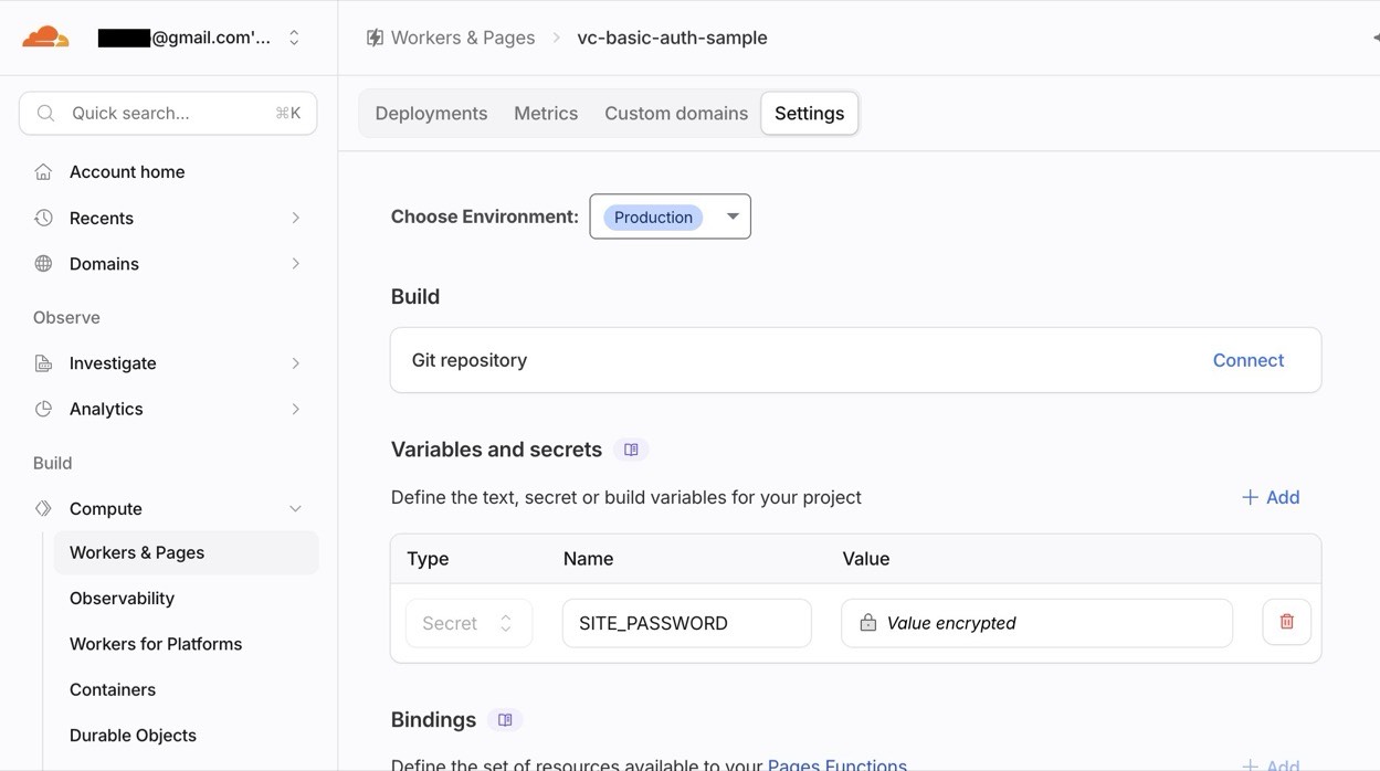 入力後の Variables and secrets。SITE_PASSWORD が Secret で入っている