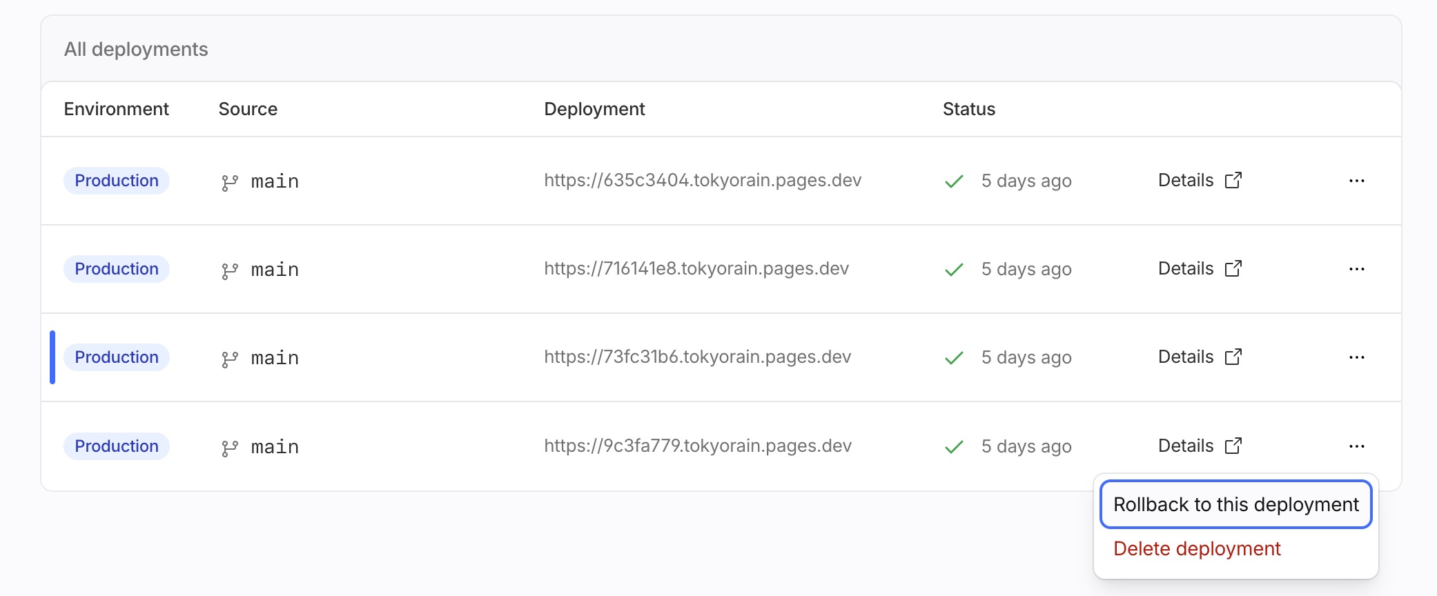 … メニューの Rollback to this deployment