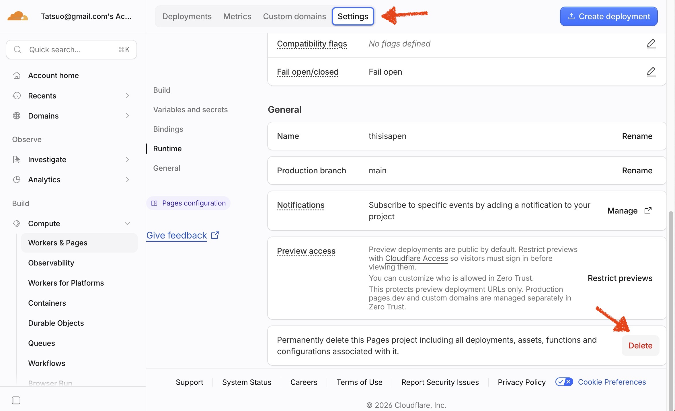 Settings タブの一番下にある Delete でプロジェクトを削除する