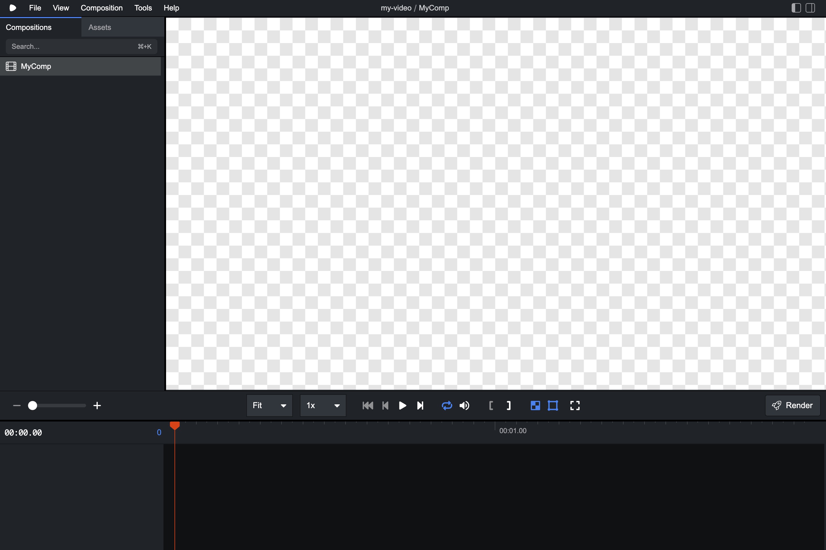 Remotion Studio の初期画面。空の透明なキャンバスが表示されている