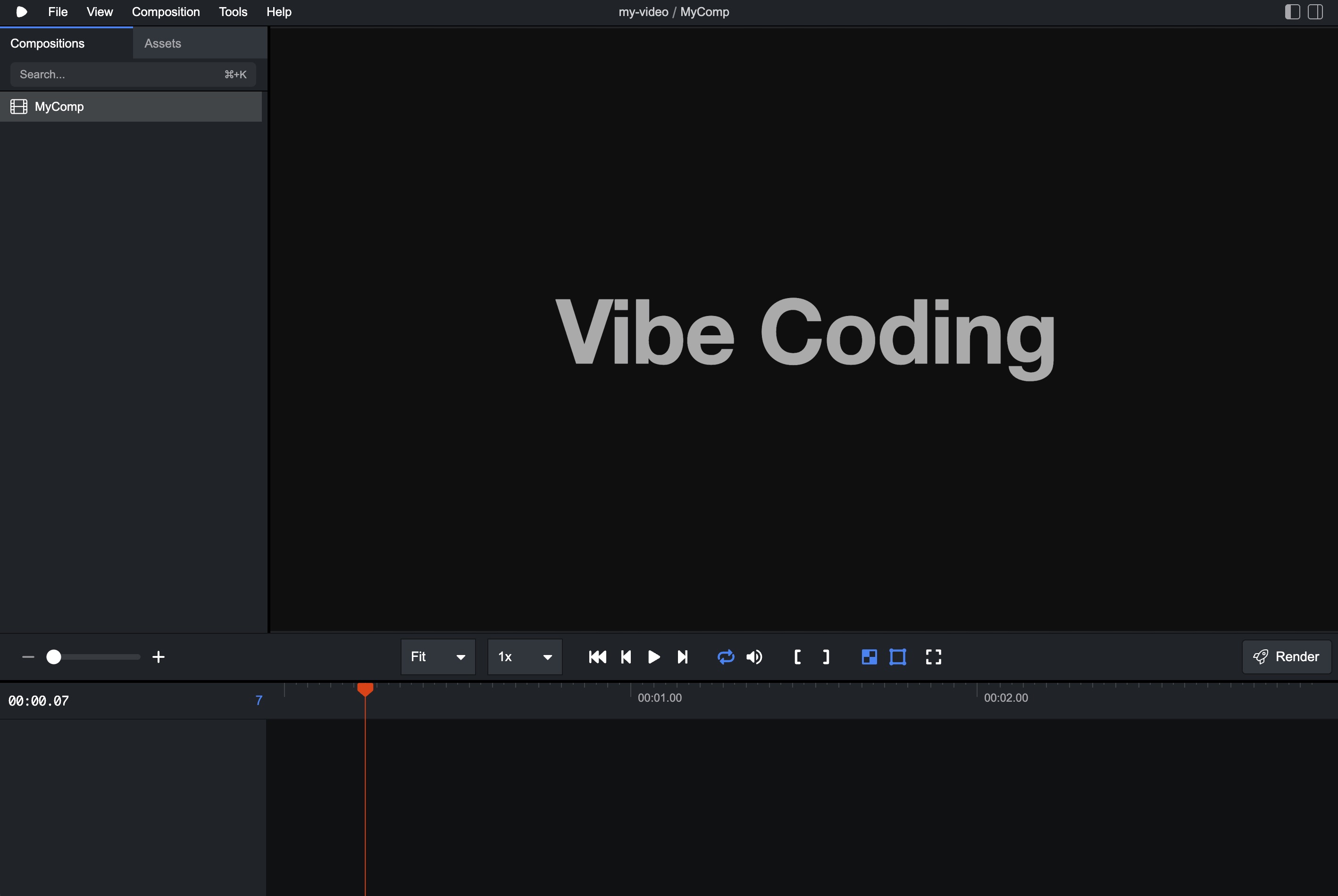 Remotion Studio に「Vibe Coding」のタイトルがフェードインで表示されている