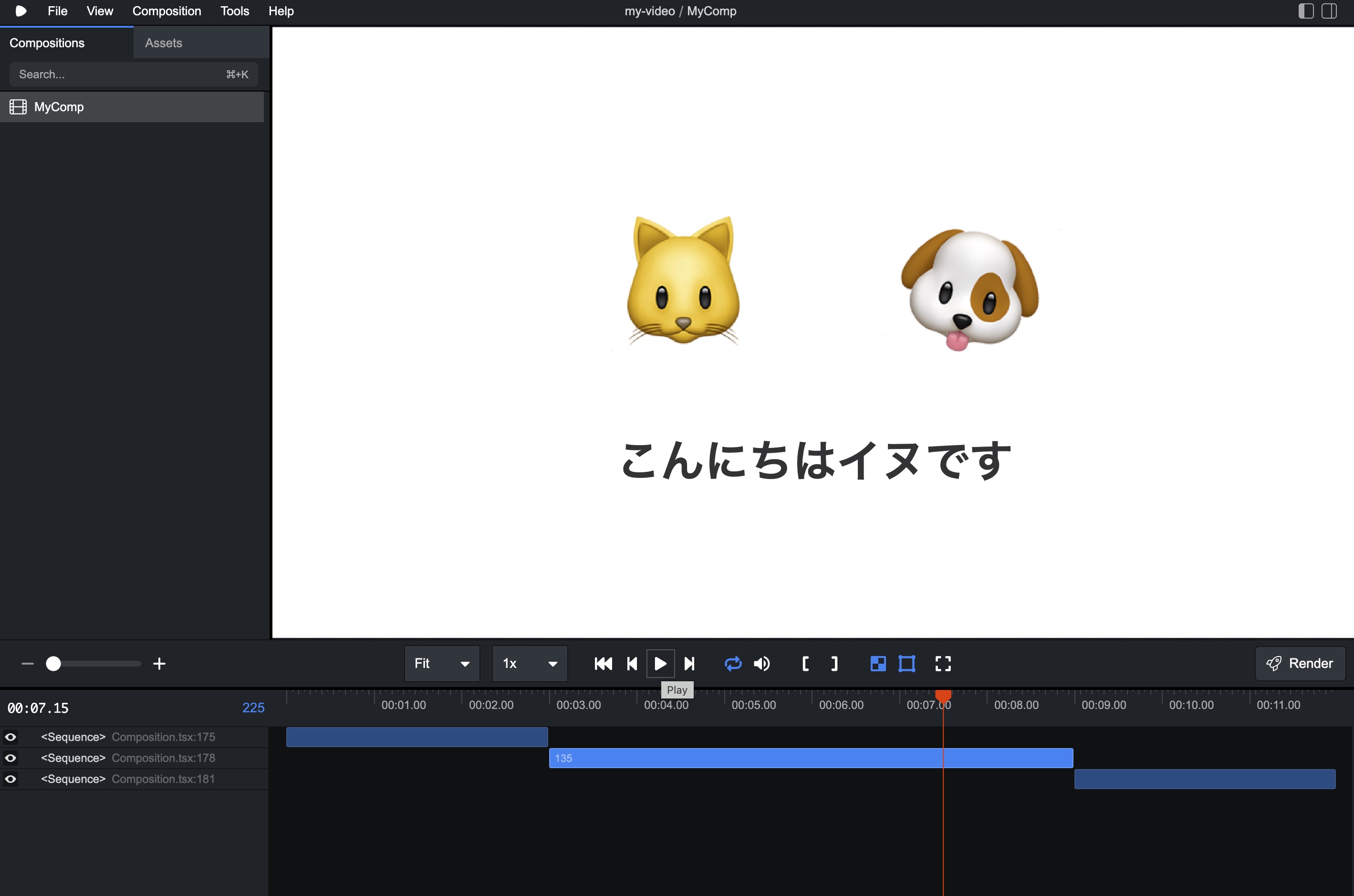 Remotion Studio で、白背景にネコとイヌの絵文字が並び「こんにちはイヌです」のキャプションが表示されている。下部のタイムラインには Sequence が3つ並ぶ