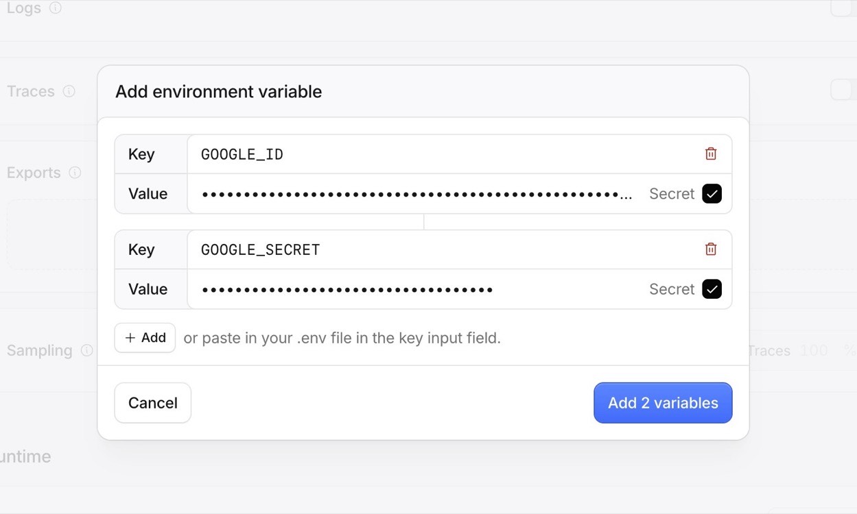 環境変数を追加するダイアログ。Key と Value の欄、右に Secret のチェックボックス