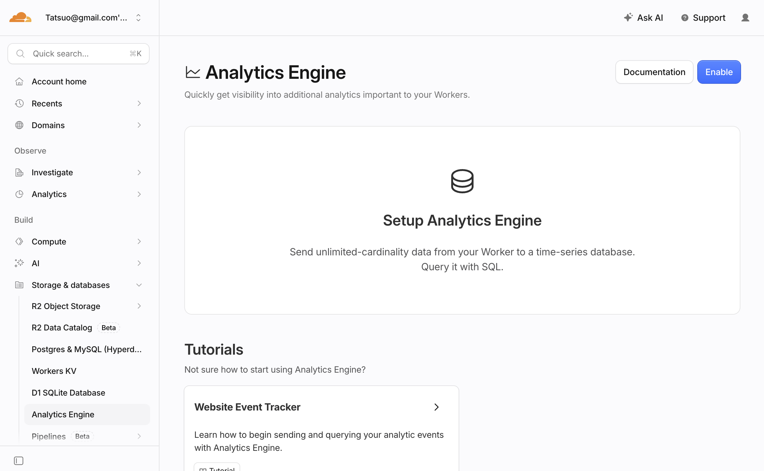 Analytics Engine の画面。右上に Enable ボタンがある