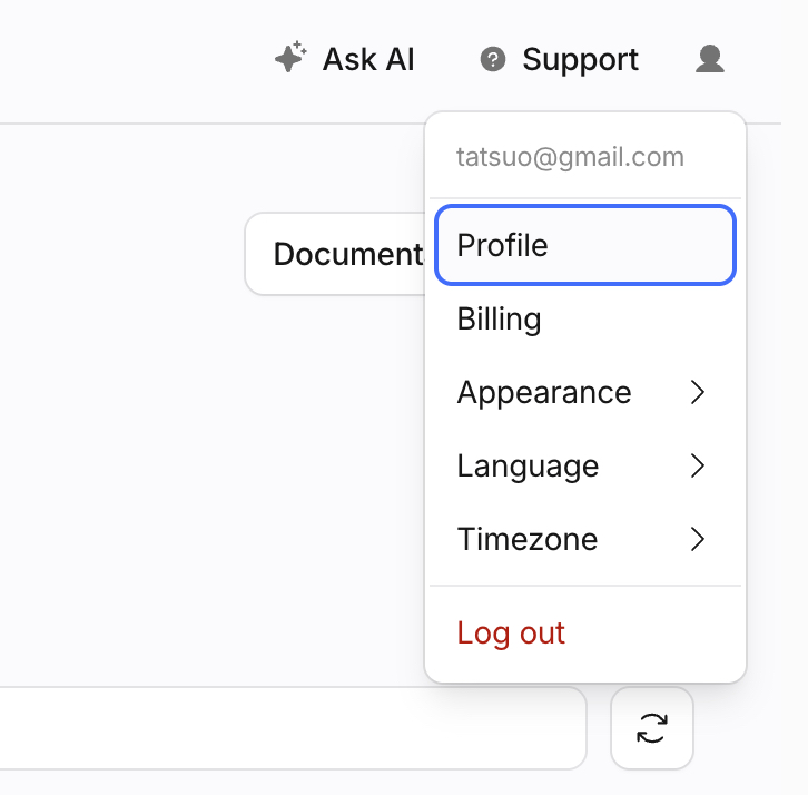 右上のユーザーアイコンから開いたメニュー。Profile が選択されている