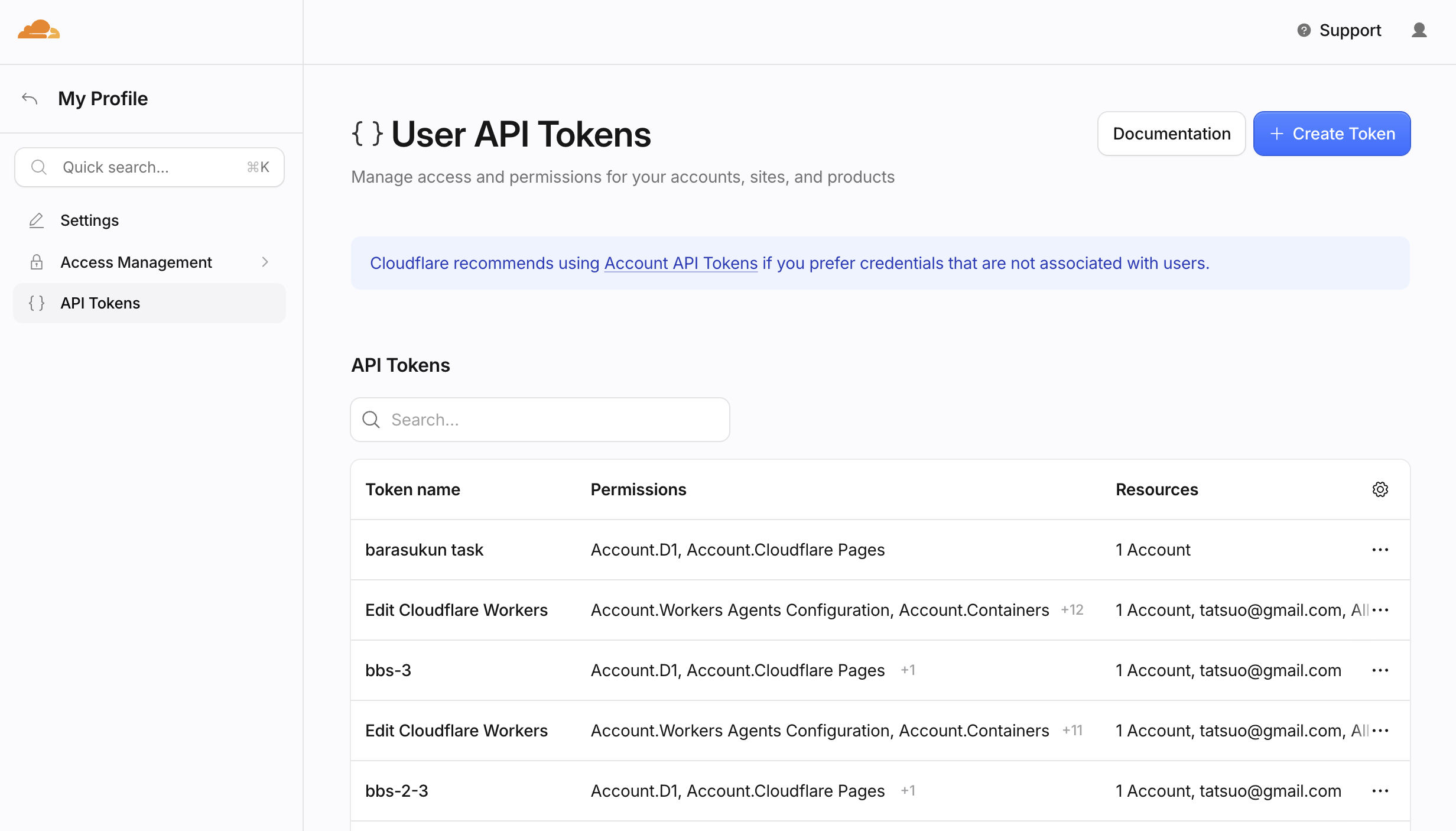 User API Tokens の一覧画面。右上に Create Token ボタン