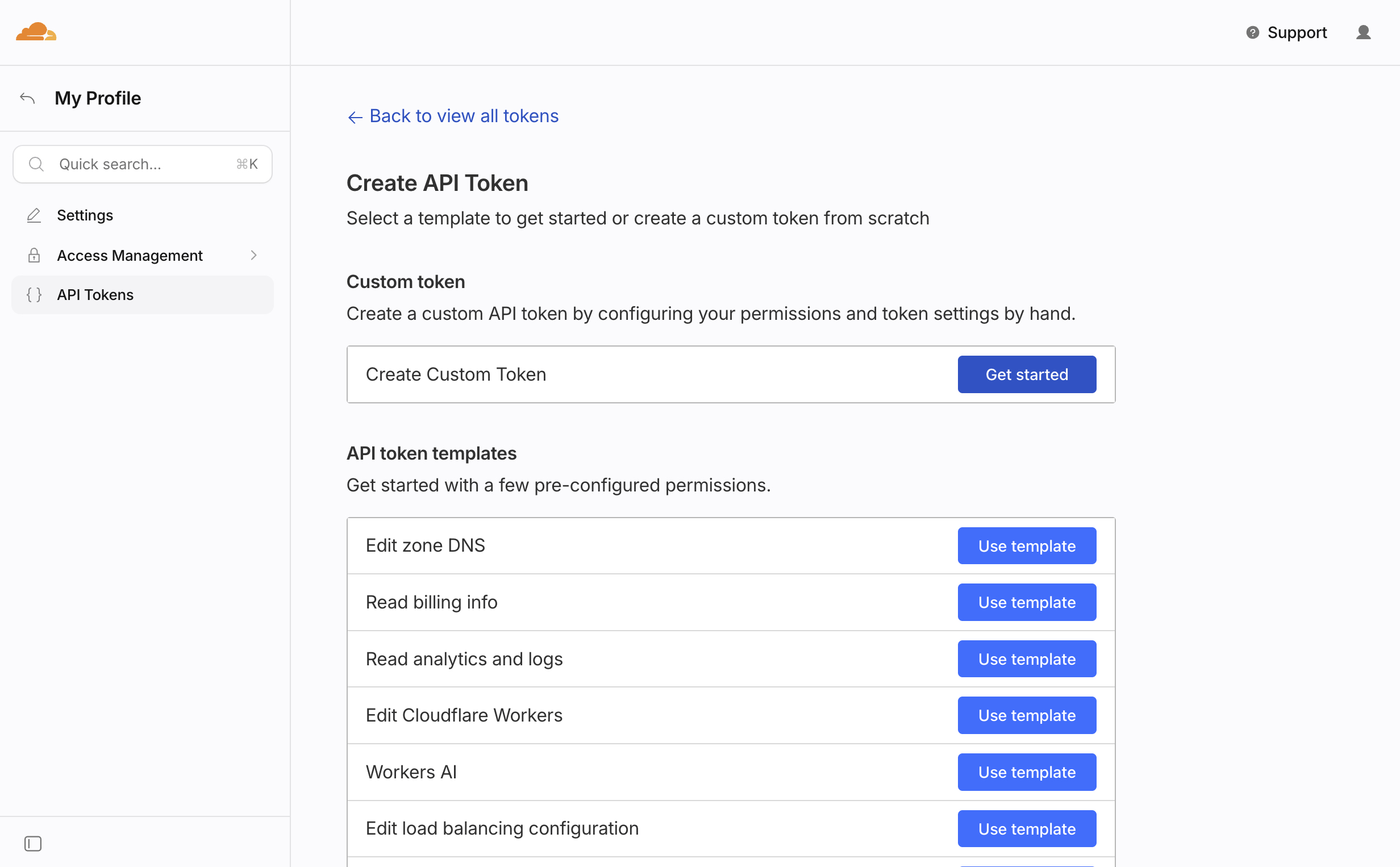 Create API Token の画面。上部に Create Custom Token、下にテンプレート一覧