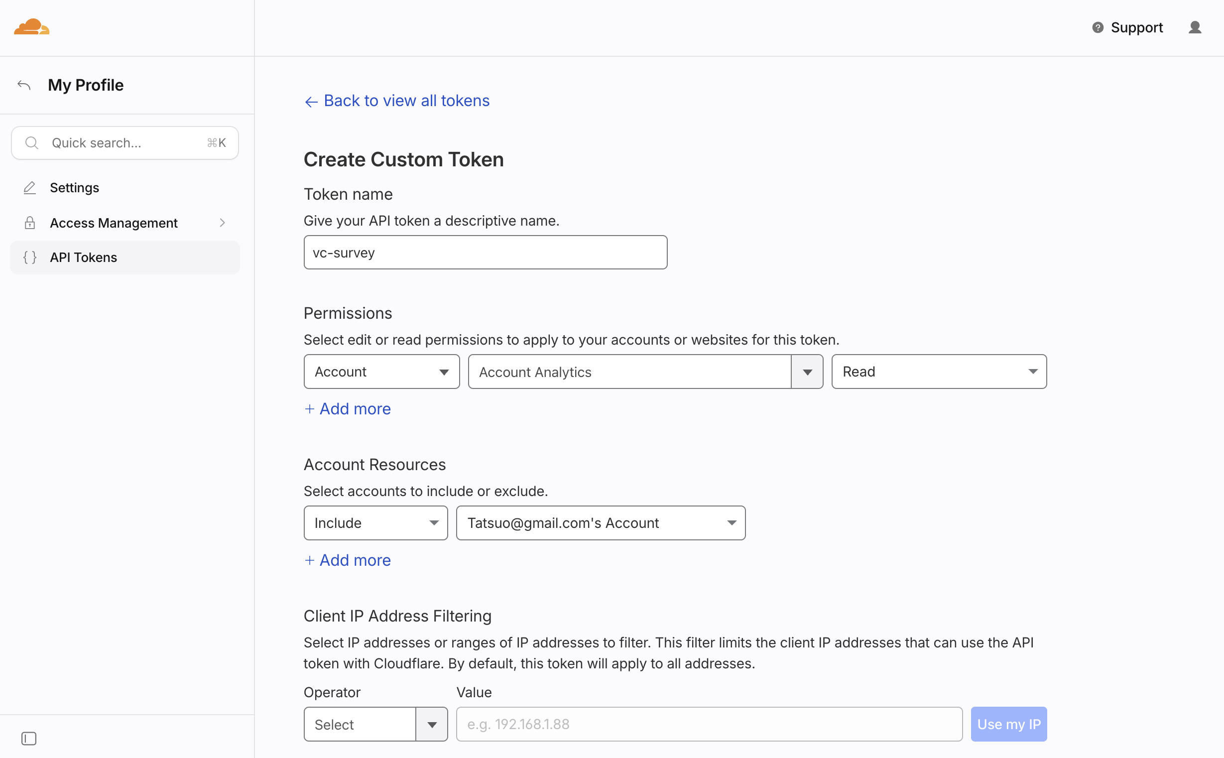 Permissions に Account / Account Analytics / Read を選んだ状態