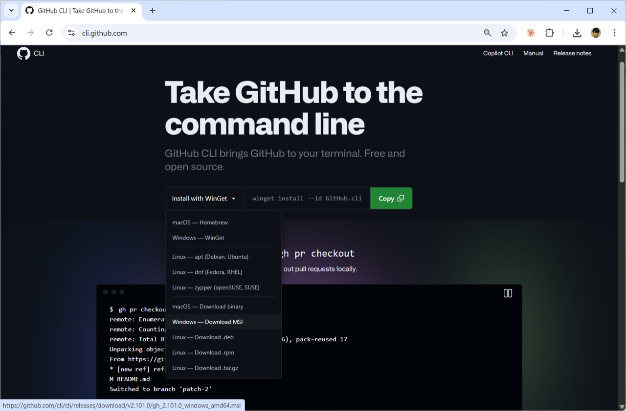 cli.github.com のダウンロード選択。プルダウンを開いて Windows — Download MSI を選ぶ