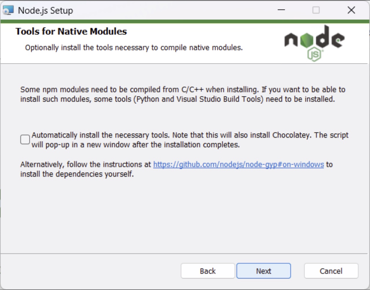 Node.js インストーラの Tools for Native Modules 画面。チェックボックスはオフのまま